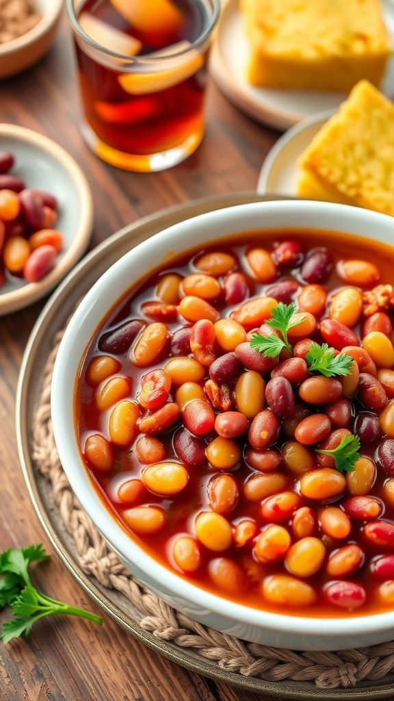 A colorful serving of 5-bean baked beans in a rich sauce, served with cornbread on a rustic table.